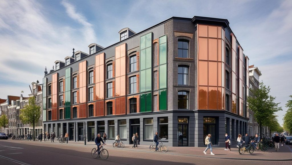 Een modern gebouw met meerdere verdiepingen, waarvan de gevels zijn bedekt met panelen van geëmailleerd glas in verschillende kleuren zoals groen en oranje. Mensen lopen en fietsen langs het gebouw op een zonnige dag.