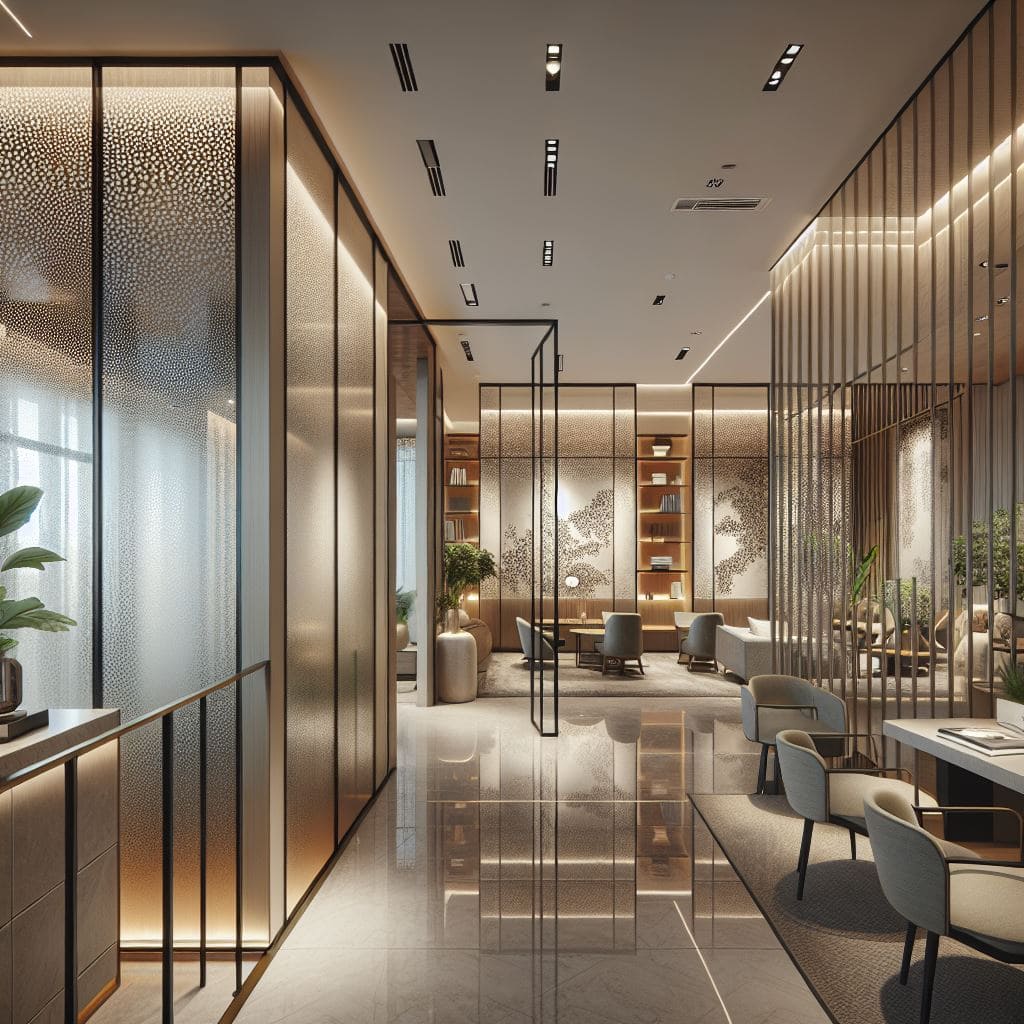 Een moderne kantoorruimte met een luxe interieurontwerp, waarbij figuurglas prominent aanwezig is in de scheidingswanden en deuren. De ruimte heeft een glanzende marmeren vloer, stijlvolle meubels en veel groen.