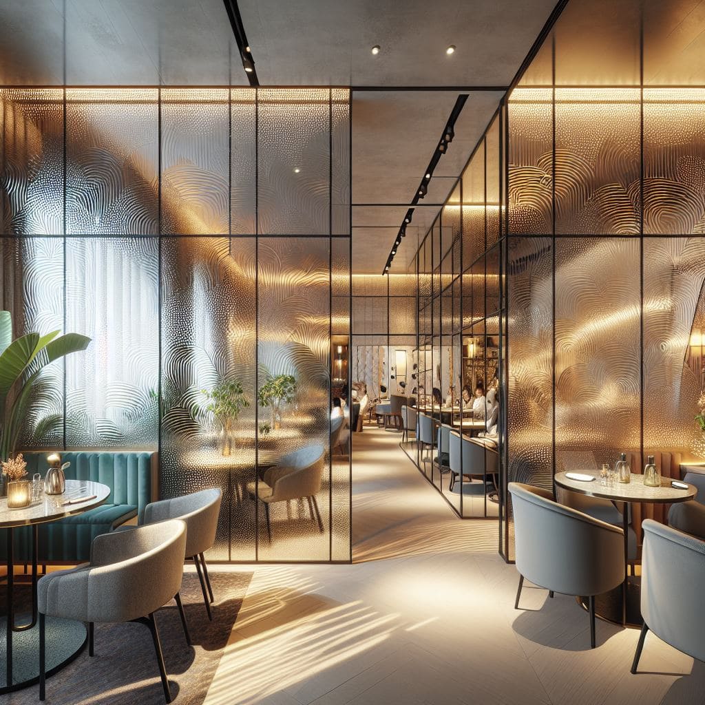 Een modern restaurantinterieur met figuurglaswanden die verschillende secties van de ruimte scheiden. De wanden hebben een decoratief patroon dat het licht diffuus maakt.
