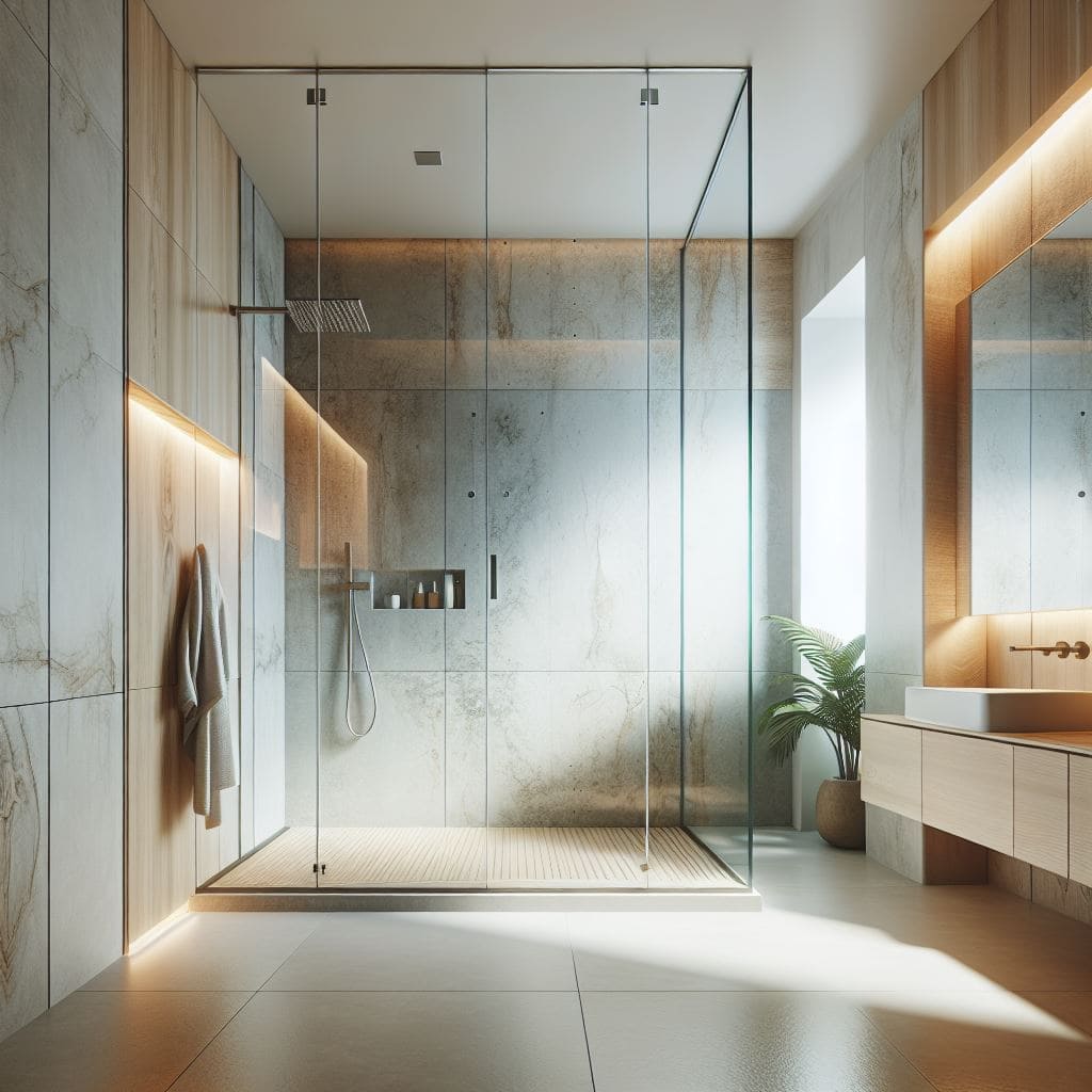 Moderne badkamer met een ruime inloopdouche van gehard glas (veiligheid) en houten accenten.