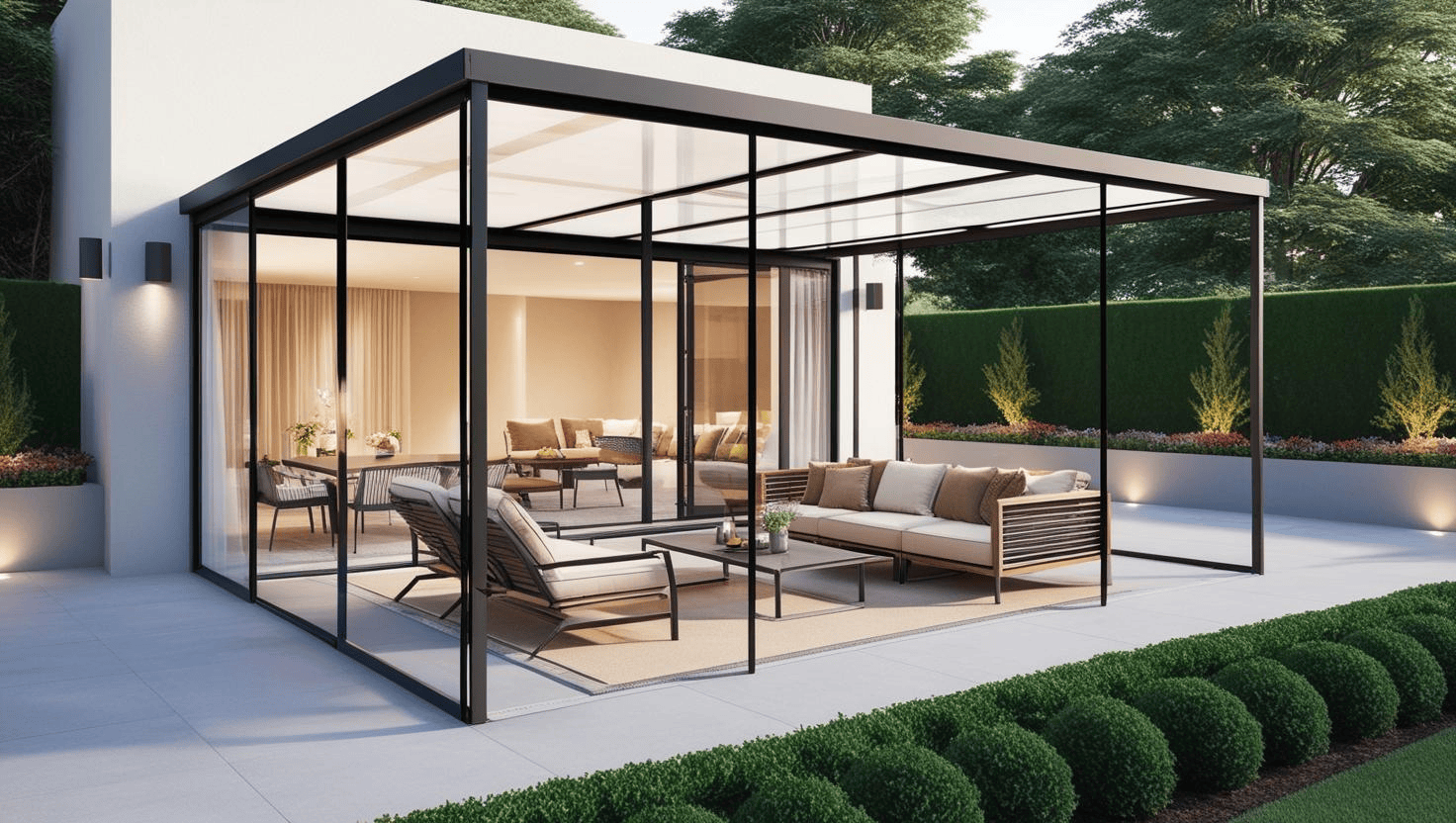 Moderne buitenruimte met glazen overkapping van gehard glas (veiligheid).