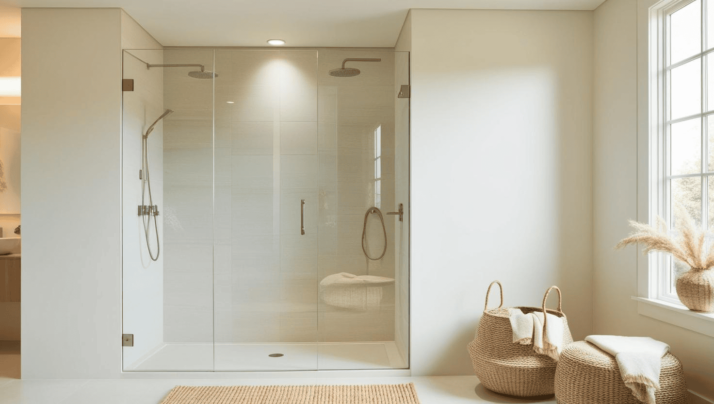 Moderne badkamer met inloopdouche van enkel glas (douche veiligheidsglas gehard) en raam met isolatieglas.