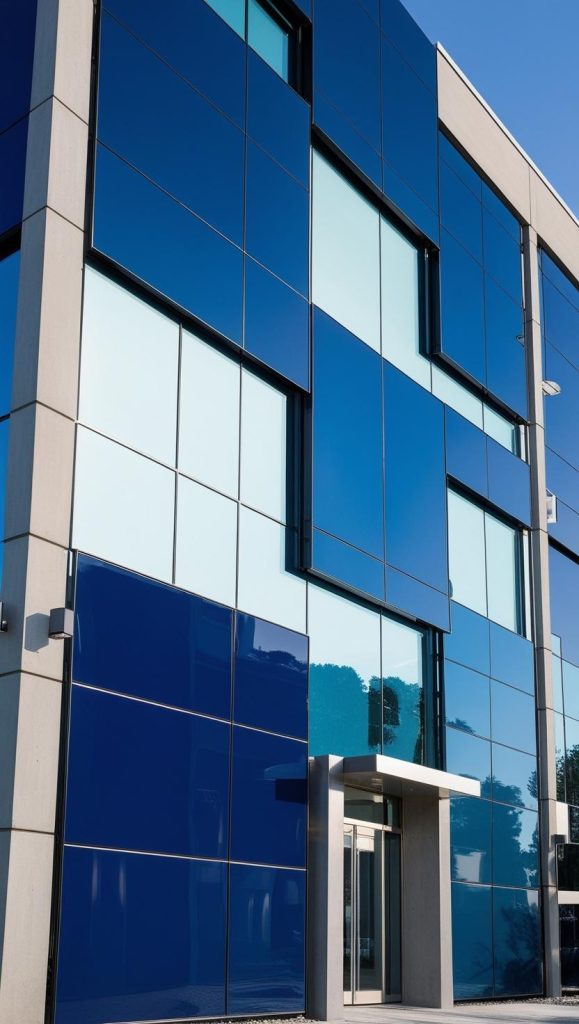 en modern kantoorgebouw met een gevel van geëmailleerd glas in verschillende tinten blauw