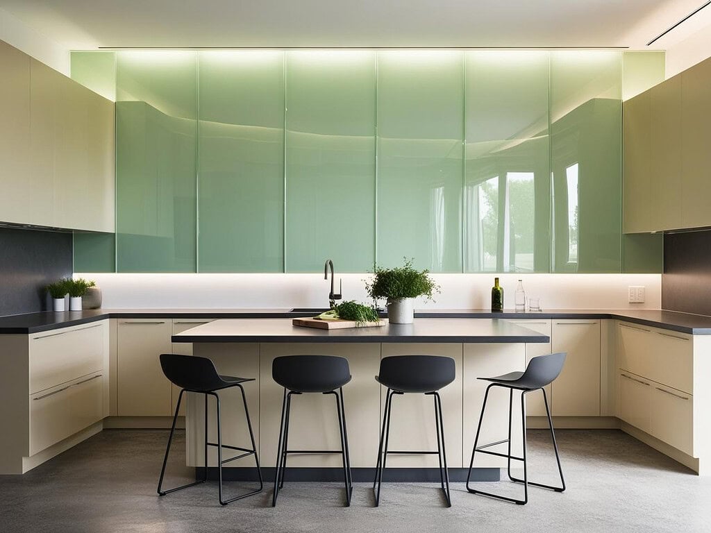 Een moderne keuken met een centraal kookeiland en barkrukken, waarbij de achterwand is bekleed met groen geëmailleerd glas.