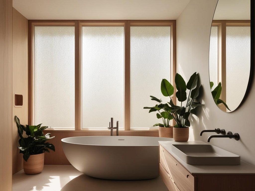 Een moderne badkamer met een vrijstaand bad, omgeven door grote ramen met figuurglas (satijn) dat diffuus licht binnenlaat. Er staan verschillende groene planten in potten rondom het bad en op het houten badkamermeubel.