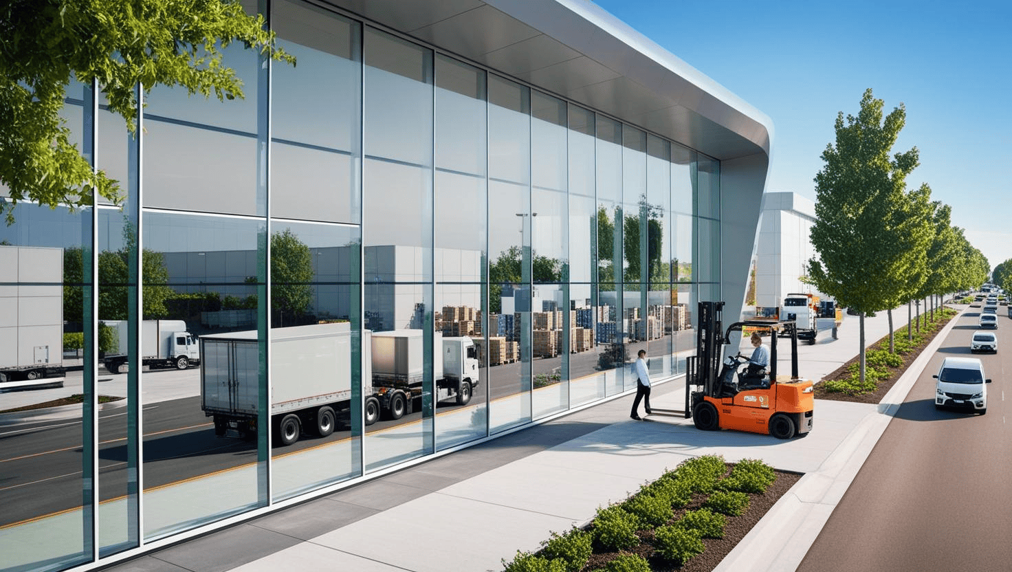 Industriële faciliteit met grote glazen ramen en logistieke activiteiten, een voorbeeld van functionele toepassing van glas producten.