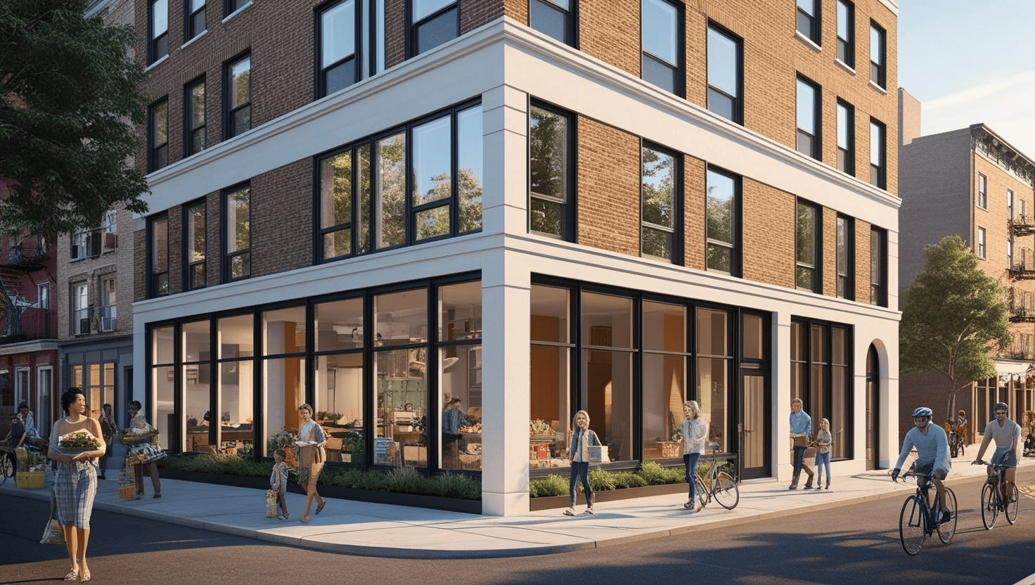 traathoek met modern gebouw voorzien van geluidswerende glas producten, mensen wandelen en fietsen in een drukke omgeving