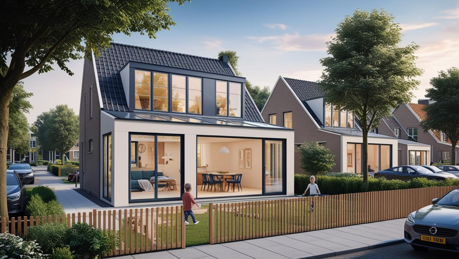 Moderne woning met grote ramen van triple glas producten, kinderen spelen in de voortuin.