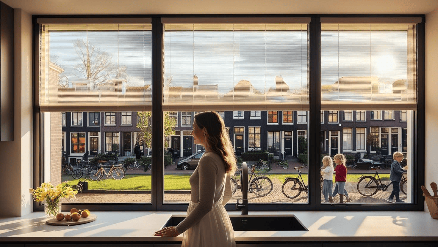 Vrouw kijkt vanuit moderne keuken door ramen met Screenline glas producten naar een straat met rijtjeshuizen.