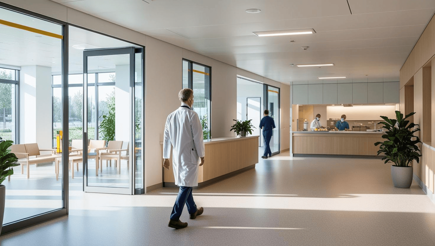 Ziekenhuisgang met glazen wanden en deuren, voorzien van brandwerende glas producten voor optimale veiligheid.