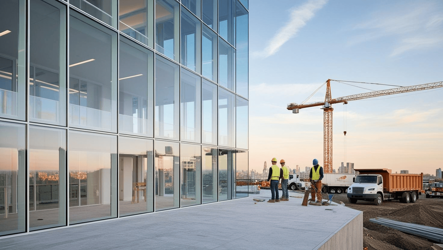 Glas producten voor de productcategorie: Low Carbon glas – Moderne glazen kantoorgebouw met bouwvakkers op de voorgrond