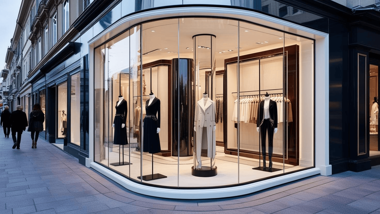 Glas producten – Moderne winkel met glazen gevel waarin kledingstukken worden tentoongesteld.