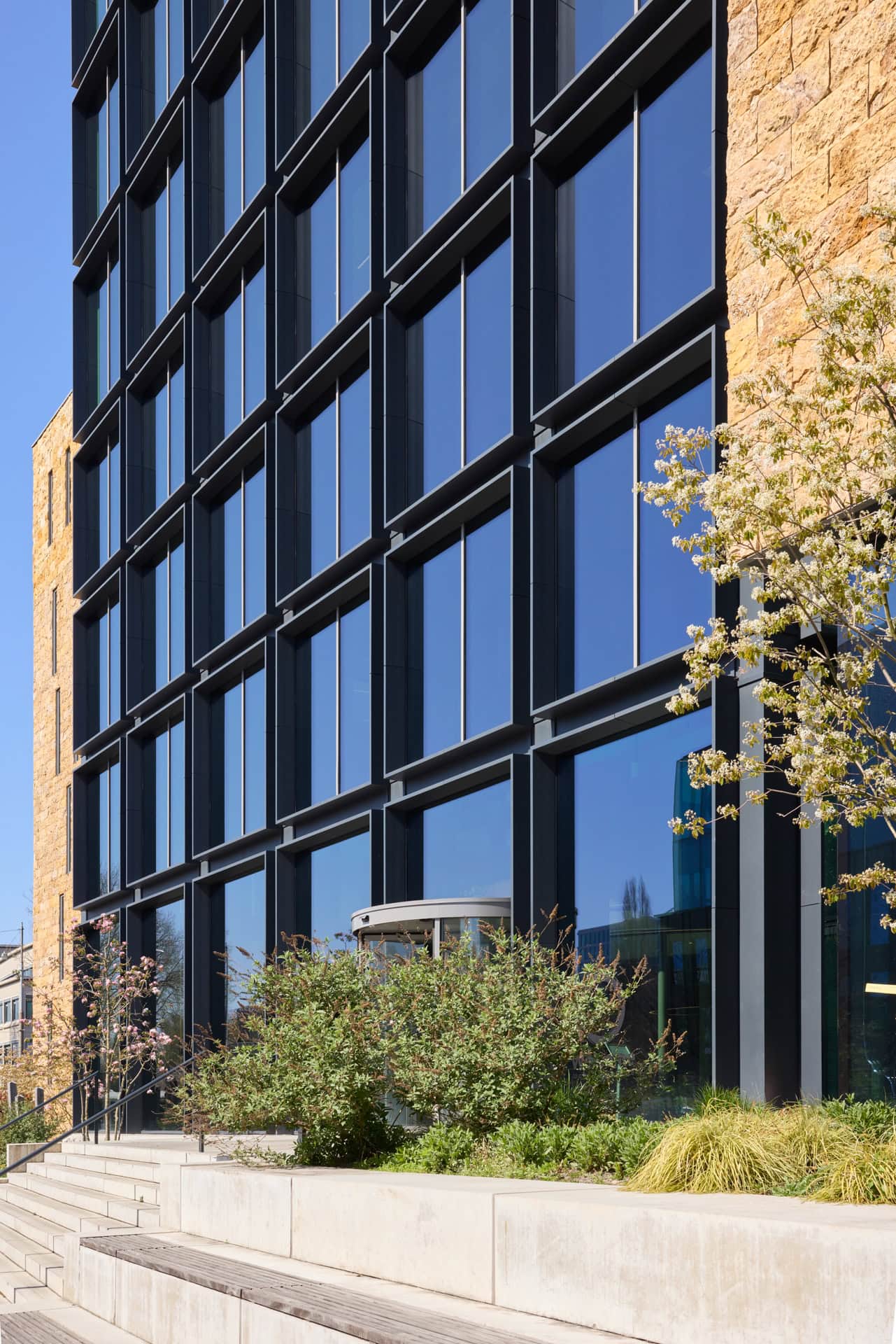 Voorgevel van Edge Stadium Amsterdam met zonwerend glas MOSA Sun 50/22 en vliesgevels langs de Zuidas